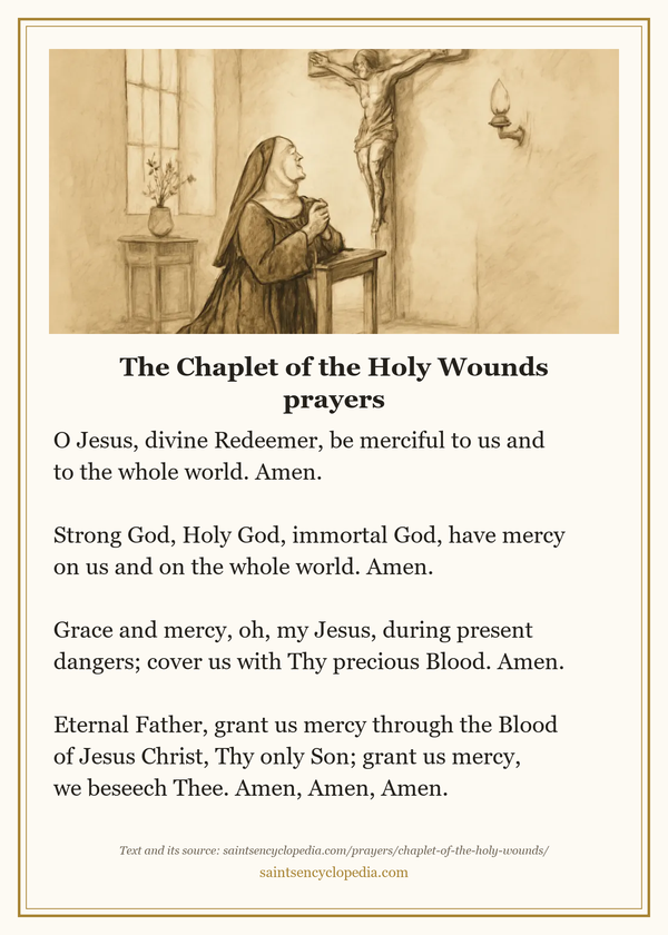 Printable prayer card for Chaplet of the Holy Wounds