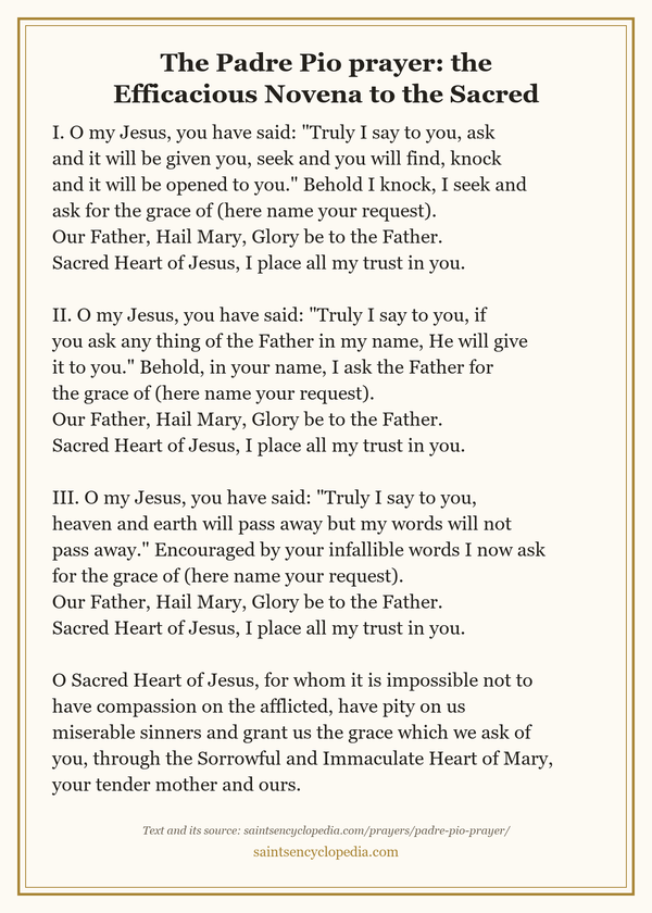 Printable prayer card for Padre Pio prayer