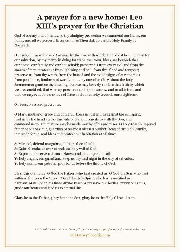 Printable prayer card for Catholic prayer for a new home