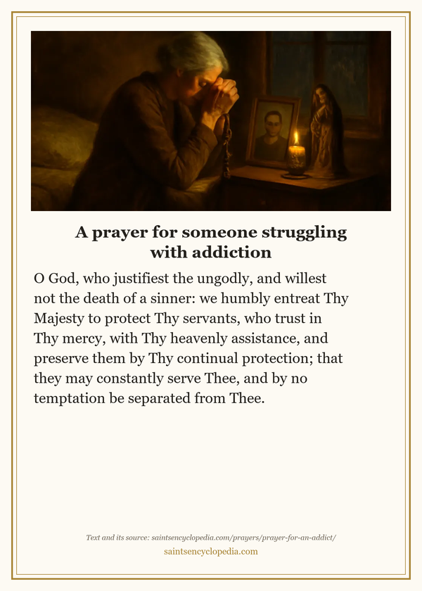 Printable prayer card for Catholic prayer for an addict