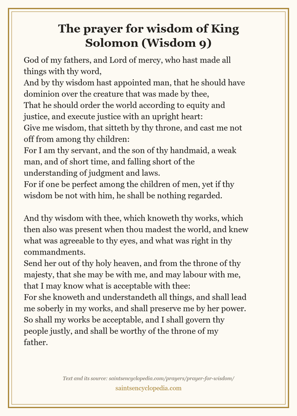 Printable prayer card for Catholic prayer for wisdom