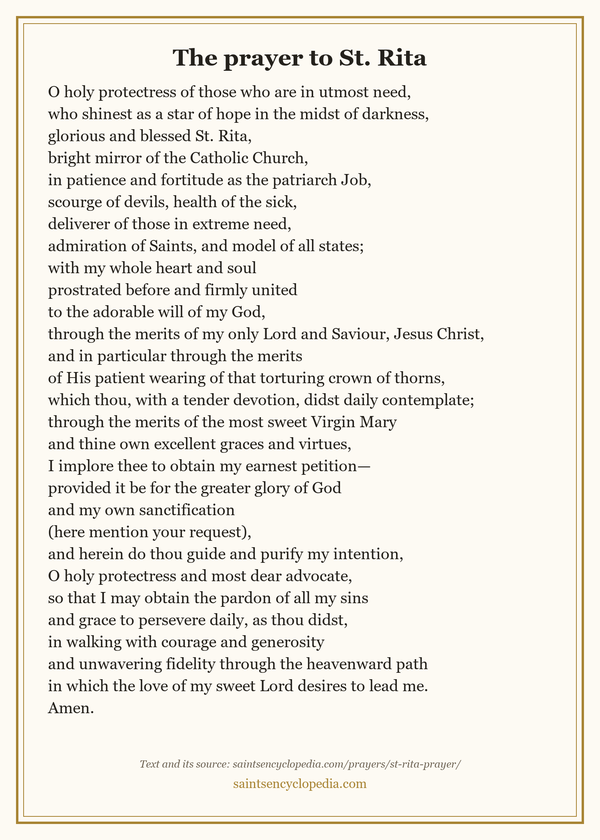 Printable prayer card for Prayer to St. Rita