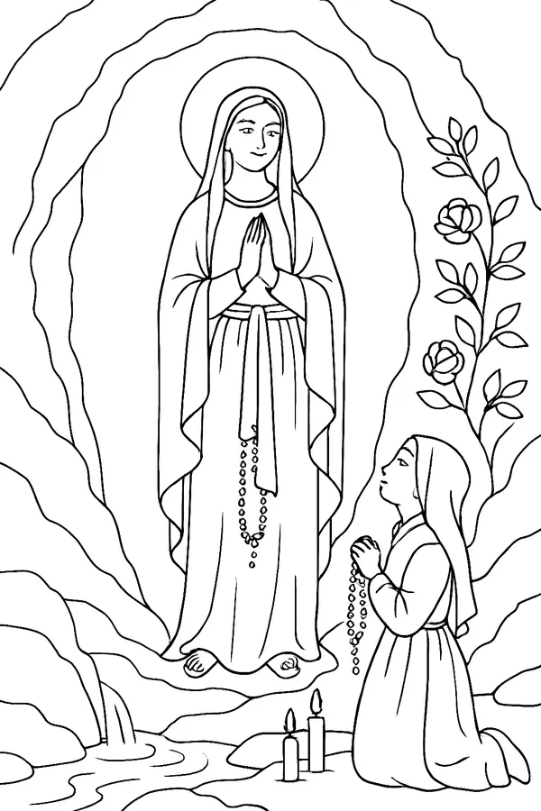 Coloring page line drawing of Our Lady of Lourdes standing in a rock niche with hands joined, a rosary over her arm and roses on her feet, with a wild rose bush beside her and a young girl kneeling with a rosary below
