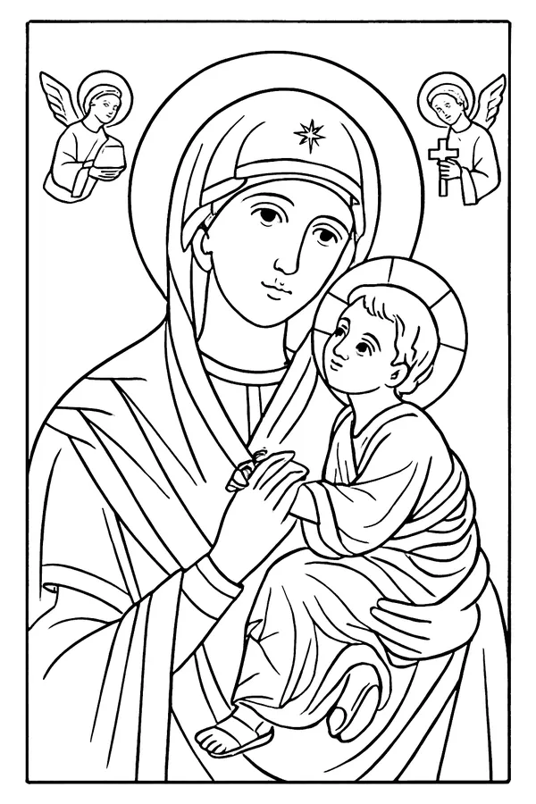 Coloring page line drawing of the Our Lady of Perpetual Help icon, with Mary holding the Child Jesus who clasps her hand and has a sandal hanging from his foot, a star on her veil and two small angels in the upper corners