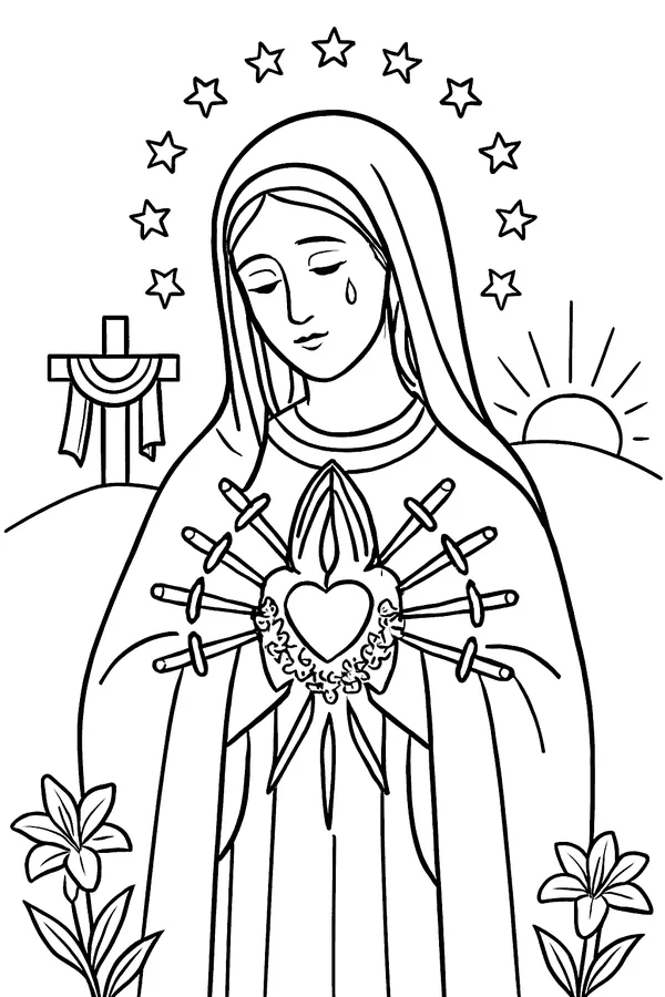 Coloring page line drawing of Our Lady of Sorrows in a mantle and veil with hands folded, a heart surrounded by seven small swords and a ring of flowers before her, and an empty cross on a hill in the background