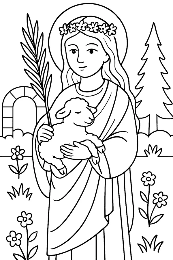 Coloring page line drawing of St. Agnes as a young girl with long hair and a flower wreath, holding a small lamb in her arms and a palm branch, standing in a garden with a Roman arch behind her