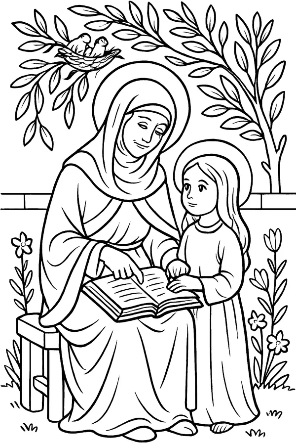 Coloring page line drawing of St. Anne as an older woman in a robe and mantle, seated with young Mary at her knee reading from an open book, under a tree with a bird's nest and flowers around them
