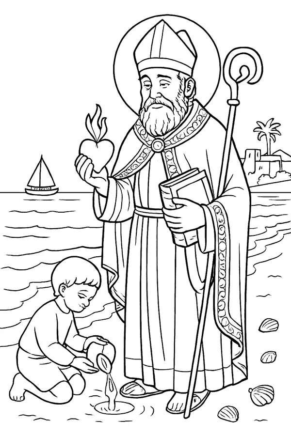 Coloring page line drawing of St. Augustine as a bearded bishop in a miter and cope, holding a book and a heart with small flames, standing on a beach where a child scoops water from the sea into a hole in the sand