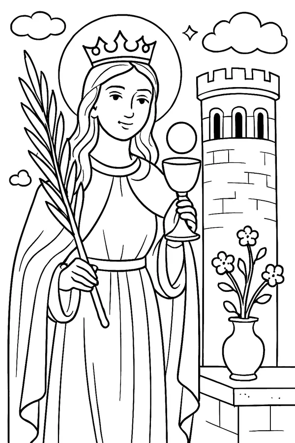 Coloring page line drawing of St. Barbara as a young woman with a crown, holding a palm branch and a chalice, standing next to a tall stone tower with three arched windows