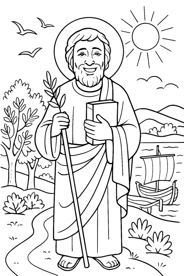 Coloring page line drawing of St. Barnabas as a bearded man holding a book and an olive branch, with a walking staff, standing by the sea with a small sailing ship and olive trees