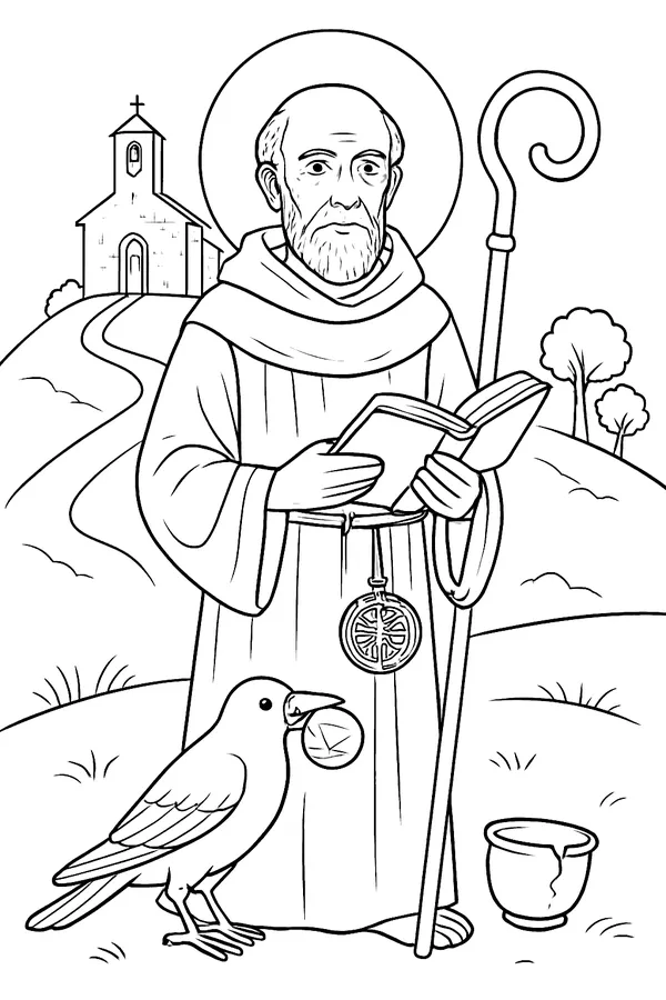 Coloring page line drawing of St. Benedict as a bearded abbot in a hooded monk's habit, holding an open book and a crozier, with a raven holding a small loaf of bread at his feet and a monastery on a hill behind him