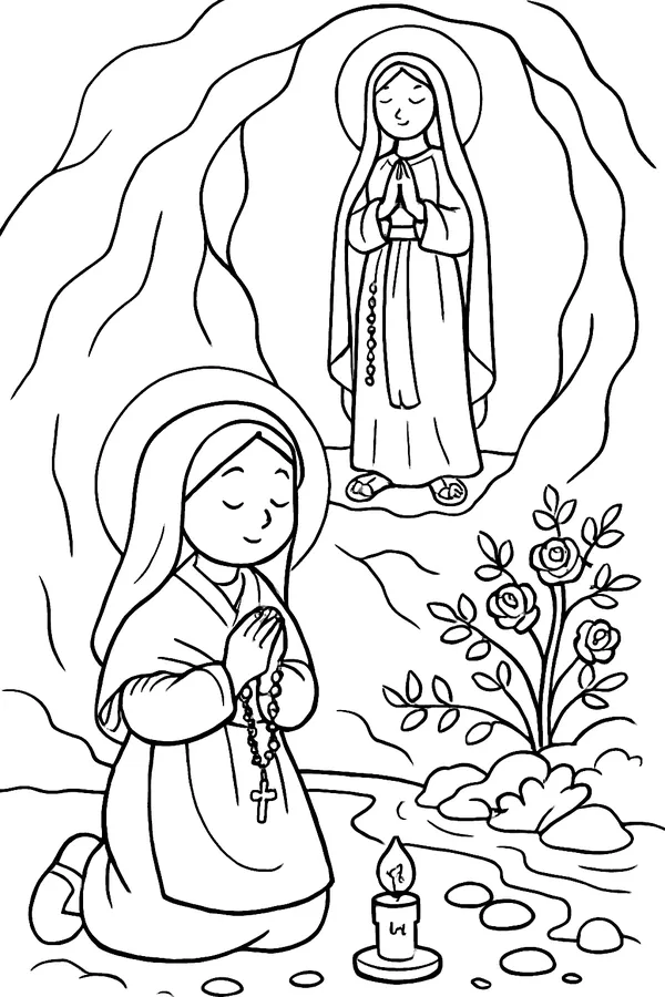 Coloring page line drawing of St. Bernadette, a young girl in a hood and shawl, kneeling with a rosary and a lit candle before the Virgin Mary standing in a niche of a rocky grotto, with a wild rose bush and a little stream