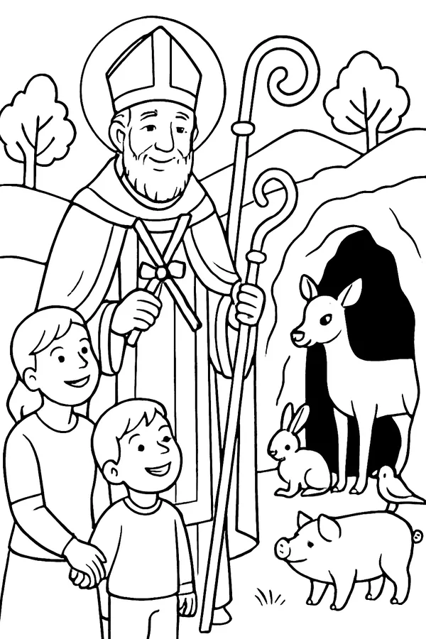 Coloring page line drawing of St. Blaise as a bearded bishop in a miter and cope, holding two crossed candles tied with a ribbon and a crozier, with a smiling boy and his mother beside him and a deer, a rabbit and a bird by a cave