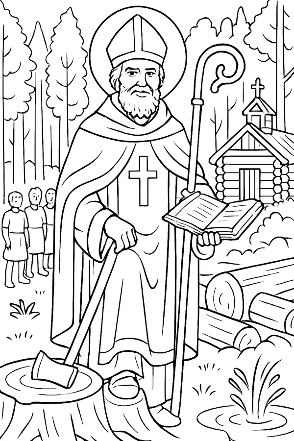Coloring page line drawing of St. Boniface as a bearded bishop in a miter holding a crozier and an open book, standing beside a large oak stump with an axe resting on it, a fallen trunk and a small wooden chapel behind him in a forest