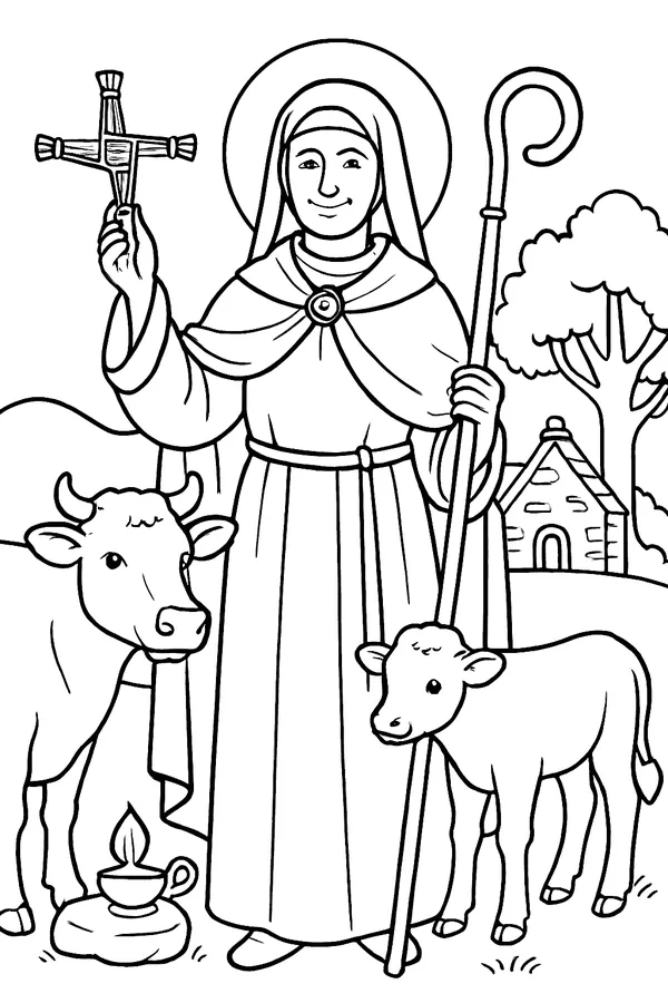Coloring page line drawing of St. Brigid as an Irish abbess in a veil and long cloak, holding a four-armed woven rush cross and a crozier, with a cow at her side, a small lamp and a little stone church under an oak tree