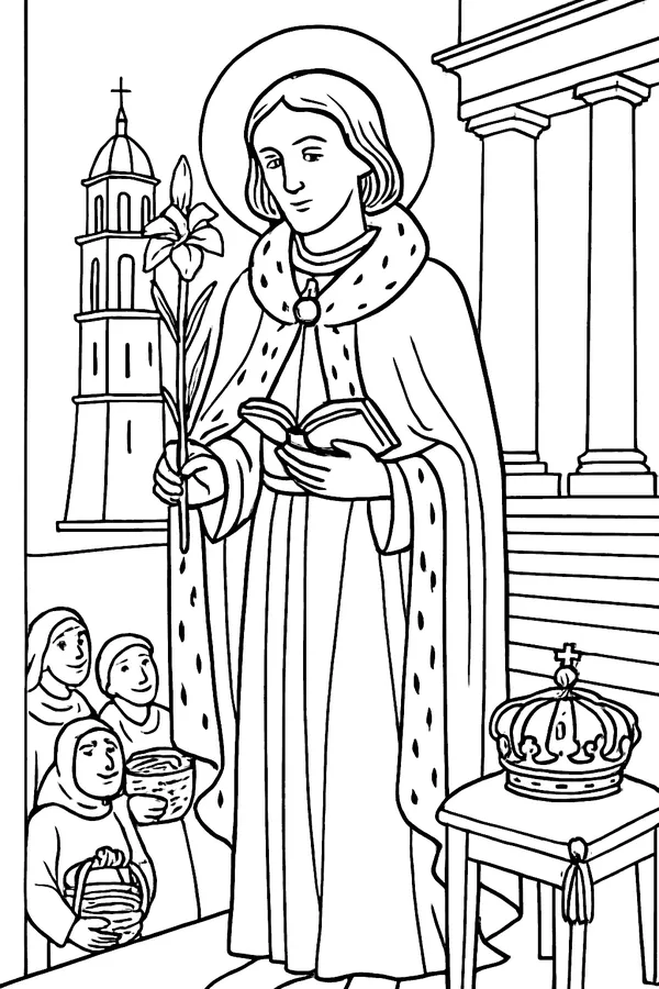 Coloring page line drawing of St. Casimir as a young prince in a long robe with ermine trim holding a tall lily and a small book, with a crown resting on a cushion beside him and a cathedral behind