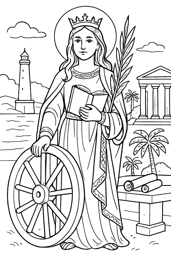 Coloring page line drawing of St. Catherine of Alexandria as a young woman in a crown and long royal gown, holding a book and a palm branch, with a large wooden wheel at her side and a lighthouse in the background