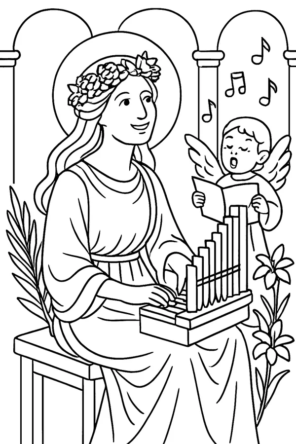 Coloring page line drawing of St. Cecilia as a young woman in a long gown and a crown of roses and lilies, playing a small portable organ, with an angel holding sheet music beside her and music notes in the air