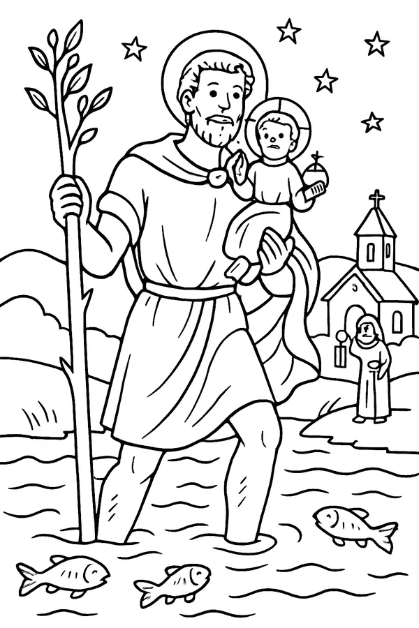 Coloring page line drawing of St. Christopher as a tall bearded man wading through a river with the smiling Christ Child on his shoulders holding a globe with a cross, leaning on a leafy staff, with fish in the water and a hermit with a lantern on the bank