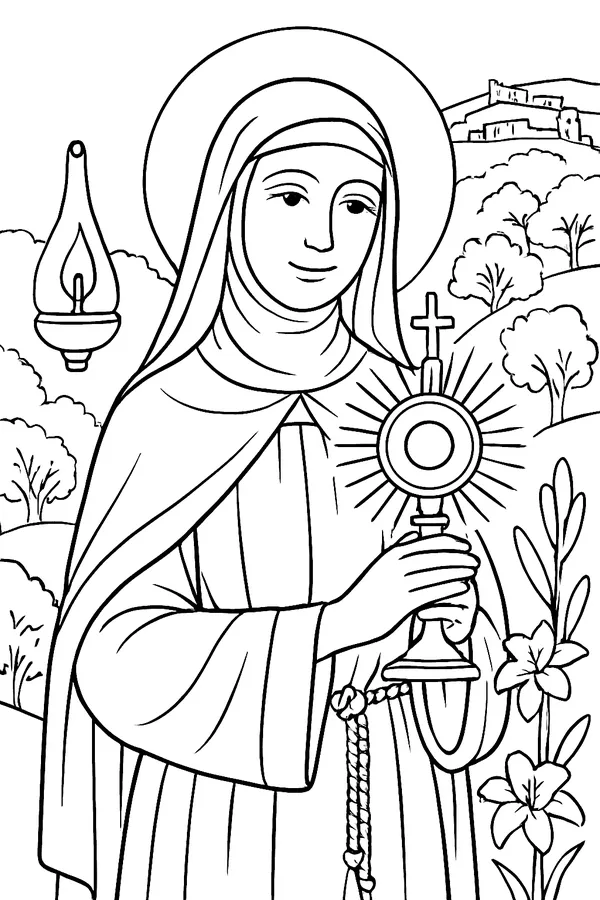 Coloring page line drawing of St. Clare of Assisi as a nun in a habit and veil, holding up a monstrance with rays around it, with an oil lamp and lilies at her side and a small stone church on a hill behind her