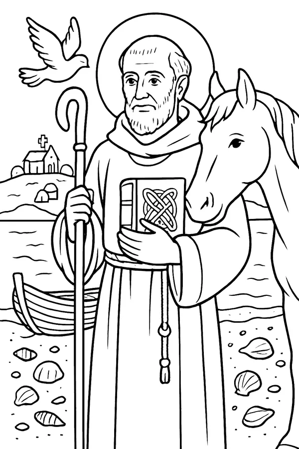 Coloring page line drawing of St. Columba as an Irish monk in a hooded habit holding a staff and a book on a rocky shore, with a dove flying above, a small leather boat pulled up on the beach, a white horse beside him and a little stone monastery behind