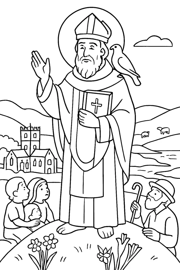 Coloring page line drawing of St. David of Wales as a bearded bishop in a miter and vestments, holding a Gospel book and raising one hand as he preaches from a small grassy hill, with a white dove on his shoulder, daffodils and leeks growing at his feet and a cathedral in a green valley behind