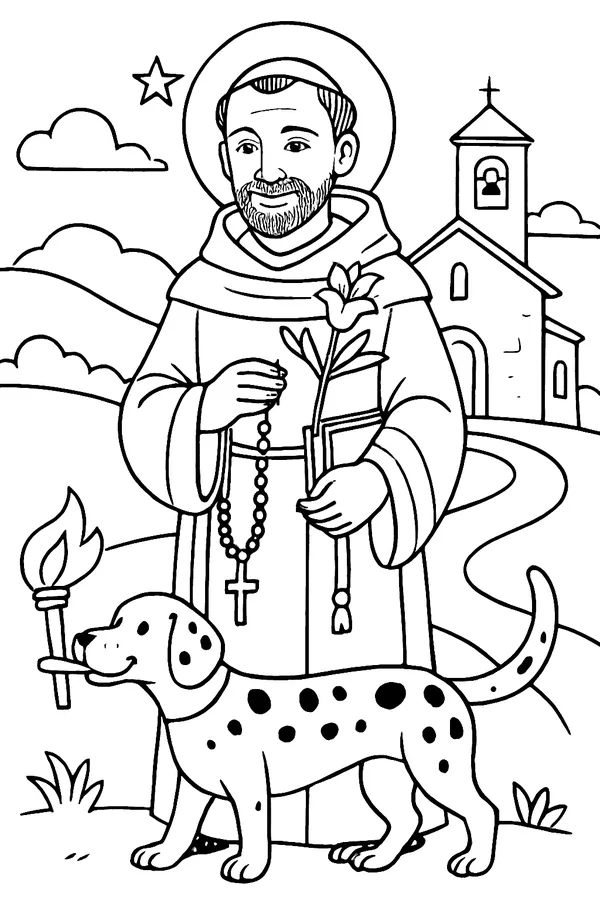 Coloring page line drawing of St. Dominic as a friar in a habit and hooded cloak, holding a rosary and a lily and a book, with a star above his head and a small dog carrying a lit torch in its mouth at his feet