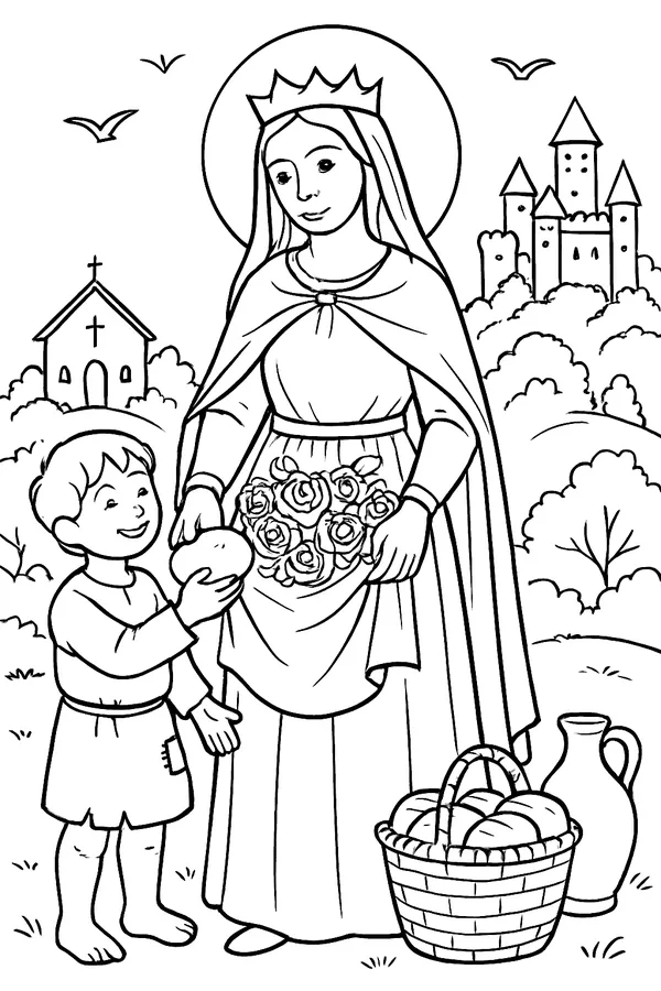 Coloring page line drawing of St. Elizabeth of Hungary as a young princess in a crown, veil and long cloak, holding an apron full of roses and giving a loaf of bread to a child, with a basket of bread, a water jug and a castle on a hill behind