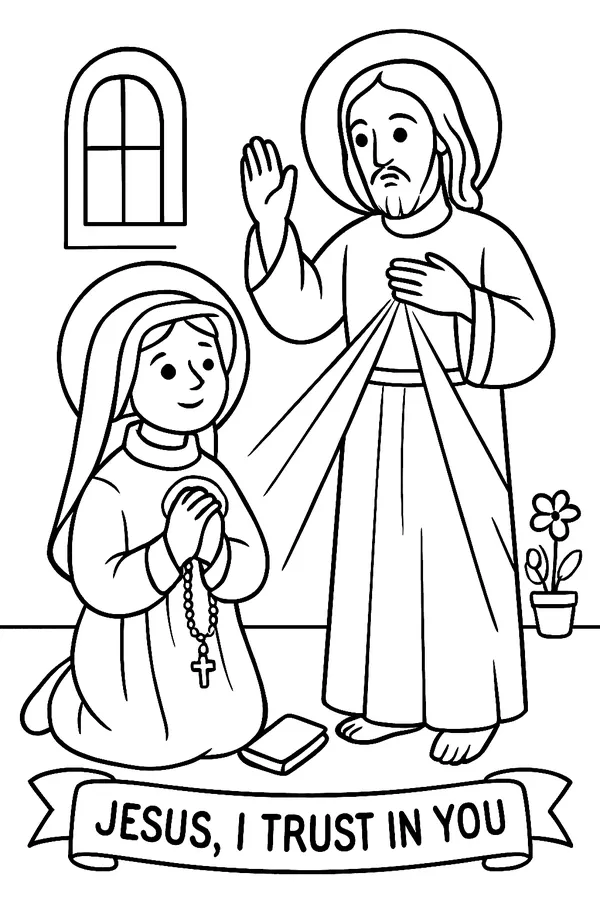 Coloring page line drawing of St. Faustina, a young nun in a habit and veil, kneeling with a rosary before Jesus, who raises his hand in blessing while two wide rays shine from his heart, with the words Jesus, I trust in You below