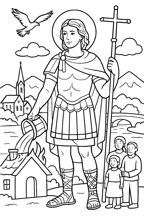 Coloring page line drawing of St. Florian as a young Roman officer in armor and a cloak, holding a banner with a cross and pouring water from a wooden bucket onto a small house with a little fire on its roof, with a river and mountains behind