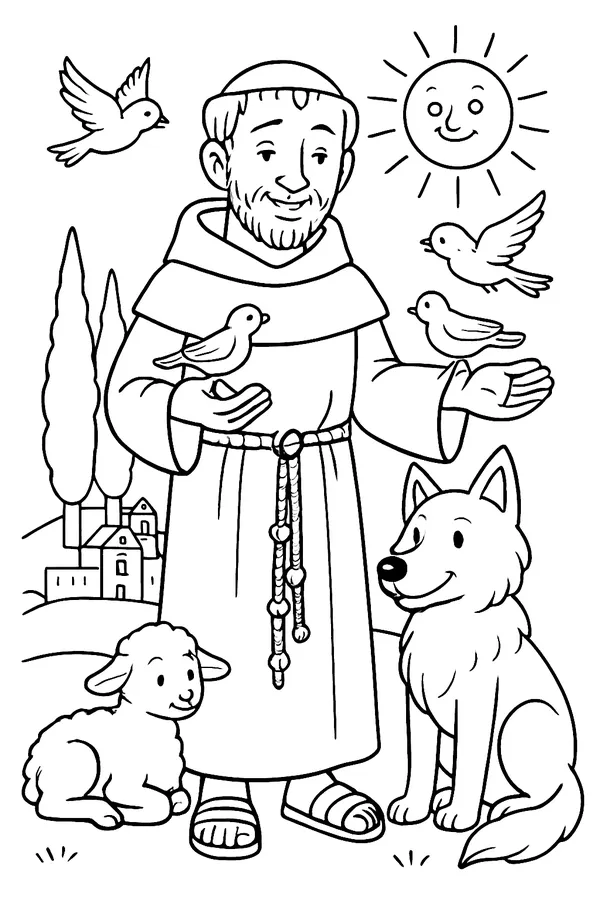 Coloring page line drawing of St. Francis of Assisi in a hooded friar's habit with a knotted cord, birds perched on his outstretched hands, a calm wolf and a lamb at his feet and the town of Assisi on a hill behind him