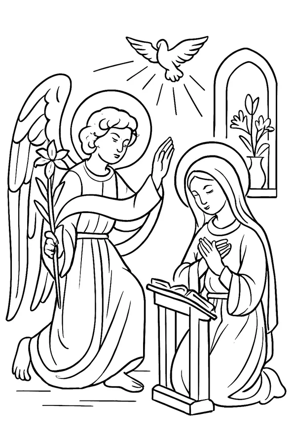Coloring page line drawing of St. Gabriel the Archangel with large wings kneeling and holding a lily, with a scroll reading Ave Maria, before the Virgin Mary kneeling at a prayer stand with a book, as a dove in rays of light appears above