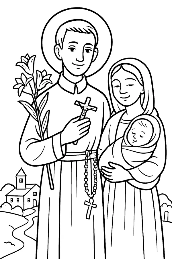 Coloring page line drawing of St. Gerard Majella as a young religious brother in a habit with a white collar and a rosary at his belt, holding a crucifix and lilies, with a smiling mother holding a baby beside him and an Italian hill town behind