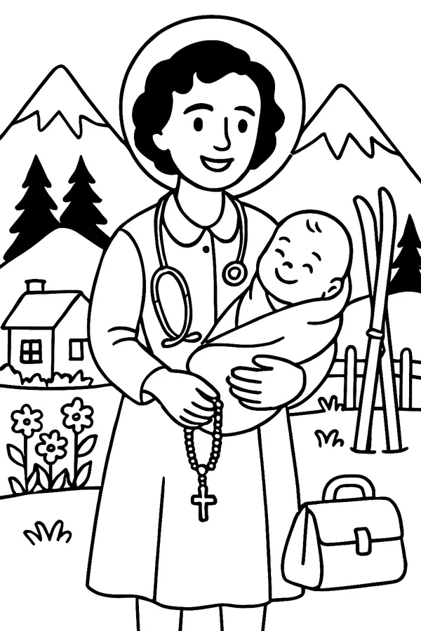 Coloring page line drawing of St. Gianna Molla as a smiling young mother with short hair holding a baby, wearing a stethoscope and holding a rosary, with mountains and a little house in the background