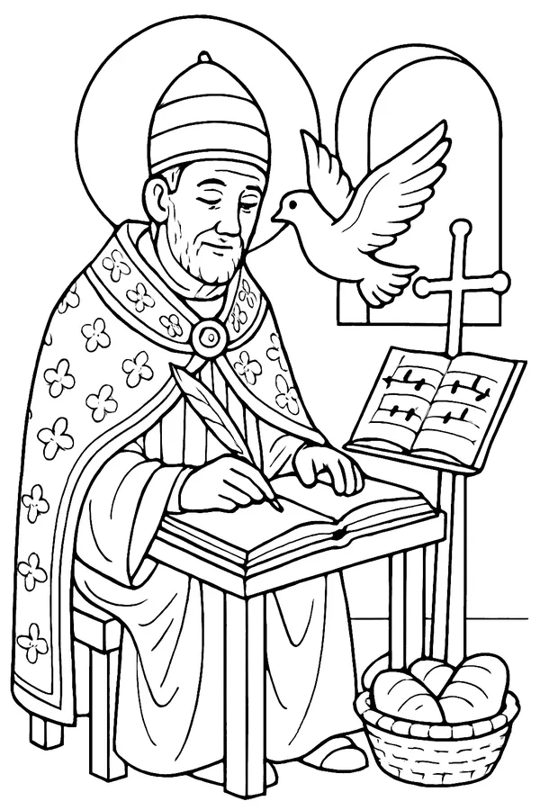 Coloring page line drawing of Pope St. Gregory the Great in a papal tiara and cope, writing in a book at a desk while a dove hovers near his ear, with a papal cross and a page of chant music