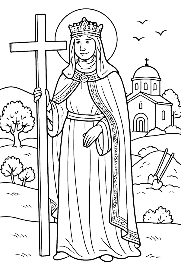 Coloring page line drawing of St. Helena as an empress with a crown and long royal robes holding a tall wooden cross, with a church, olive trees and hills behind her