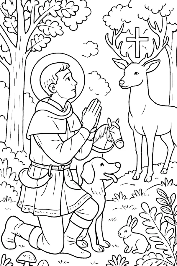 Coloring page line drawing of St. Hubert as a young huntsman kneeling in a forest before a stag with a small cross glowing between its antlers, with a hunting horn at his belt, a friendly dog at his side and his horse waiting behind
