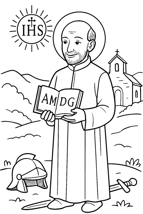 Coloring page line drawing of St. Ignatius of Loyola as a bearded priest in a long cassock, holding an open book with the letters AMDG, with a sunburst containing the letters IHS above him and a sword and helmet resting at his feet