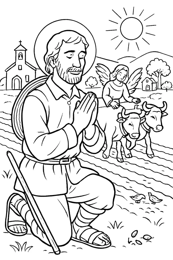Coloring page line drawing of St. Isidore the Farmer, a bearded farmhand in plain clothes and a hat, kneeling in prayer at the edge of a field, while an angel guides two oxen pulling a plow, with a small church and a farmhouse behind