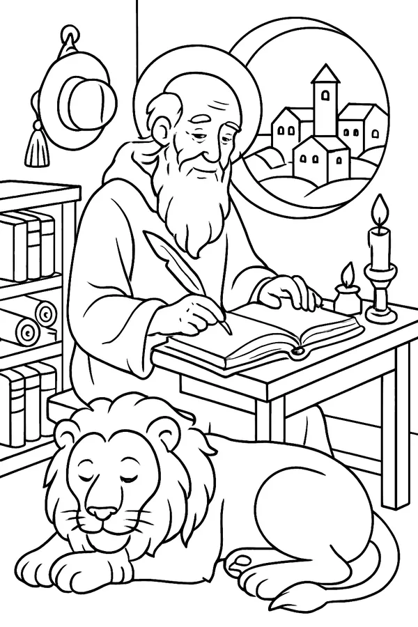 Coloring page line drawing of St. Jerome as an old bearded man writing at a wooden desk piled with books, with a lion sleeping at his feet and a wide-brimmed cardinal's hat on a hook