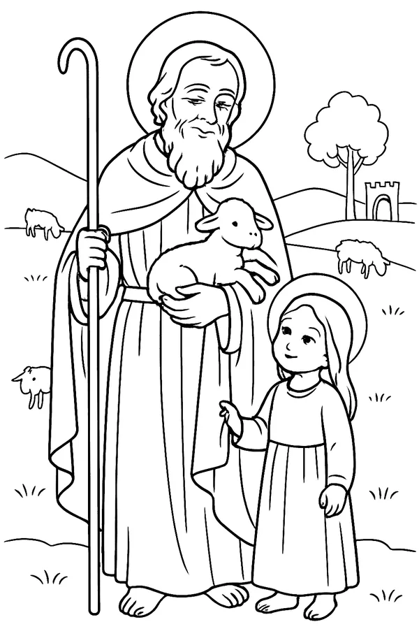 Coloring page line drawing of St. Joachim as an old bearded man in a robe and cloak holding a lamb, with the young Virgin Mary holding his hand and sheep on the hills behind them
