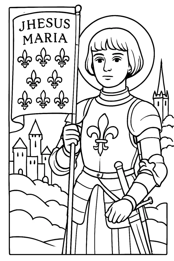 Coloring page line drawing of St. Joan of Arc with short hair, in armor, holding a tall banner sprinkled with lilies and the words Jhesus Maria, her sword in its sheath, with the towers of a French town behind her