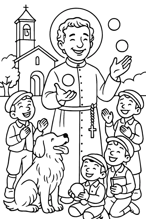 Coloring page line drawing of St. John Bosco as a smiling priest in a cassock juggling three balls for a group of laughing boys, with a large dog sitting beside him and a church in the background