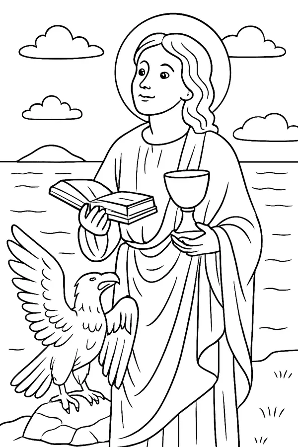 Coloring page line drawing of St. John the Apostle as a young beardless man with long hair, holding a book and a chalice, with a large eagle standing beside him
