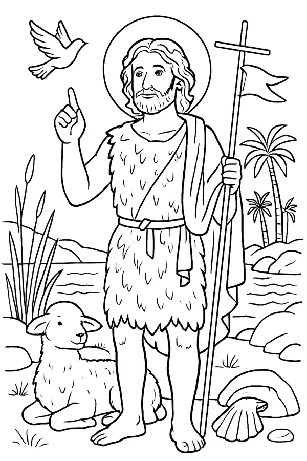 Coloring page line drawing of St. John the Baptist in a camel-hair garment and cloak, holding a thin reed cross with a banner and pointing upward, with a lamb at his feet and the Jordan River behind him