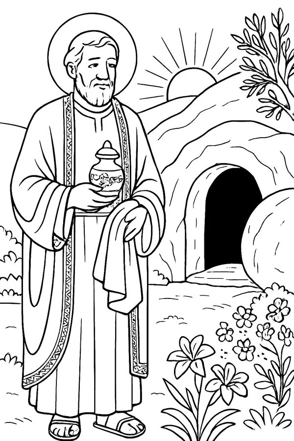 Coloring page line drawing of St. Joseph of Arimathea, an older bearded man in a long robe and cloak, holding folded linen cloth and a jar of spices next to a rock tomb with its round stone rolled aside, in a garden with flowers and a rising sun
