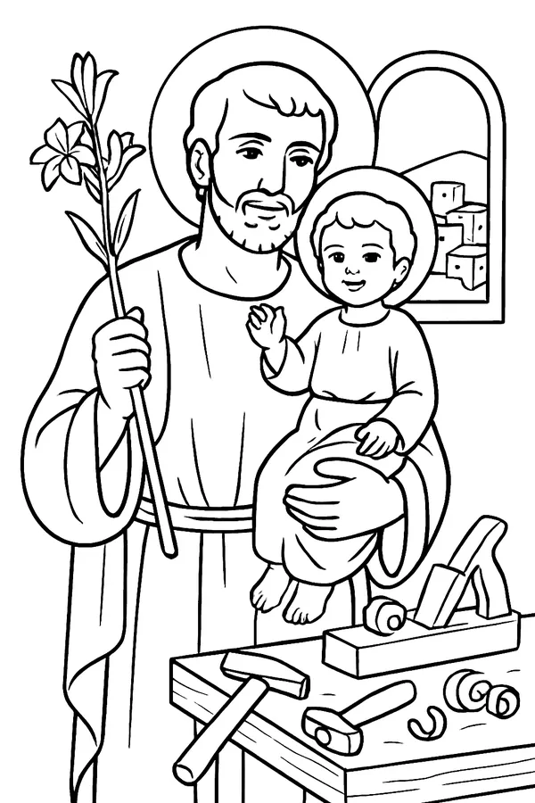 Coloring page line drawing of St. Joseph holding the young Child Jesus in one arm and a lily in the other hand, in a carpenter's workshop with a saw, hammer and plane on the workbench