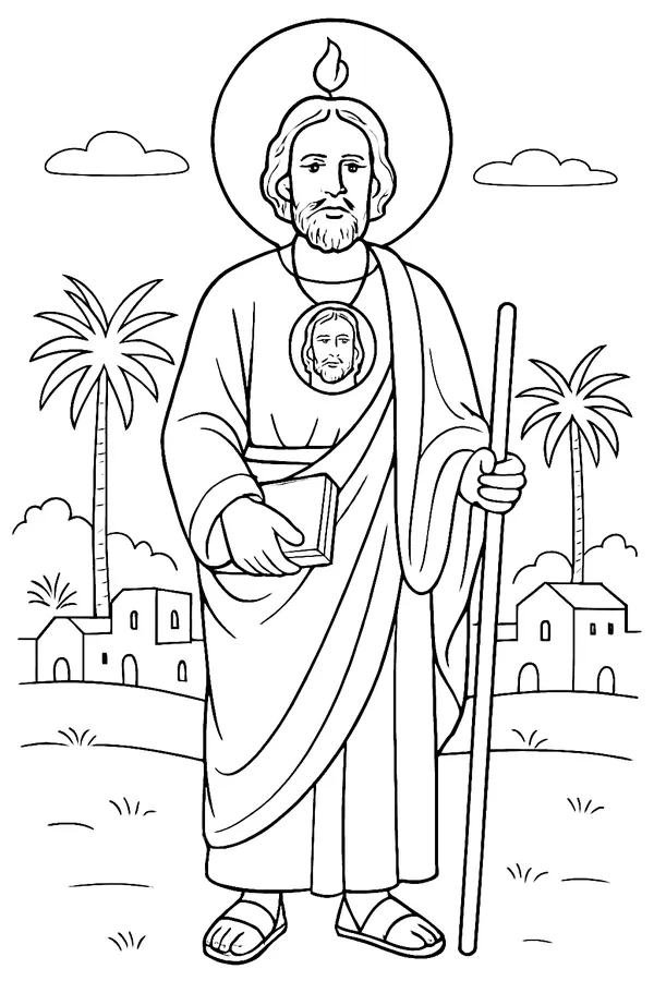 Coloring page line drawing of St. Jude as a bearded apostle in a robe and cloak, a small flame above his head, a round medallion with the face of Jesus on his chest, holding a book and a tall wooden staff