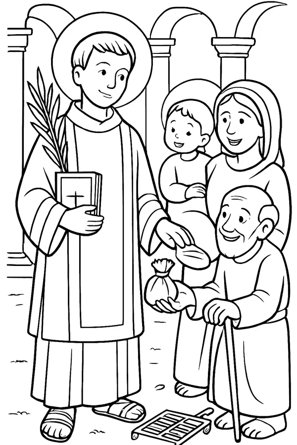 Coloring page line drawing of St. Lawrence as a young deacon in a dalmatic, holding a Gospel book and palm branch, with a mother, child and old man beside him and a small iron grill on the ground