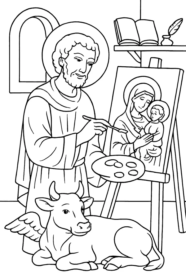 Coloring page line drawing of St. Luke with a short beard painting a picture of Mary and baby Jesus on an easel, with a winged ox lying beside him and a book and small jars on a shelf
